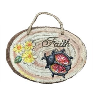 “Faith” Ladybug & Flower On (Tree-Cut Rings like Background) Wall Hanging Plaque